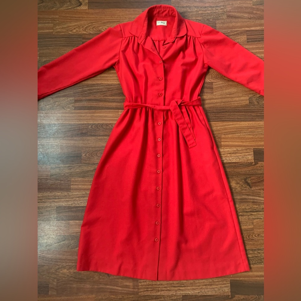LL BEAN Women Red Button Down Long Sleeve Coat Dress Elegant Vintage Preppy